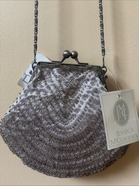Jessica McClintock Silver Beaded Wristlet Evening Bag - NEW